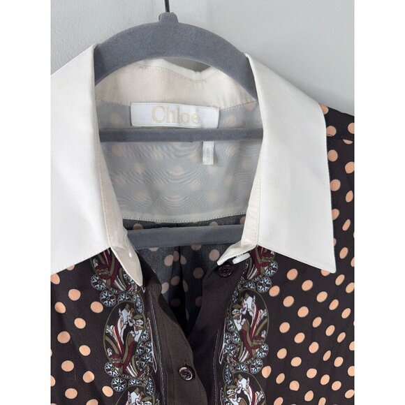 CHLOÉ Brown Polka-dot Printed Button Down Blouse In Multi Size S 36 Silk Accents - Picture 6 of 9